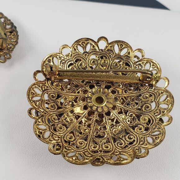 Vtg West Germany Aurora Borealis Amber Topaz Rhinestone Faux Pearl Brooch Set - Picture 11 of 16